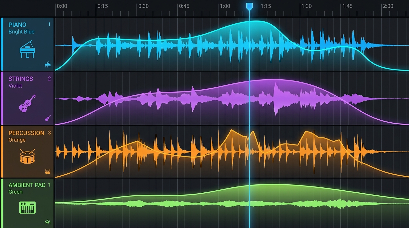 A horizontal timeline showing four parallel music stems stacked vertically — piano, strings, percussion, and ambient pad — with translucent volume curves rising and falling above each track
