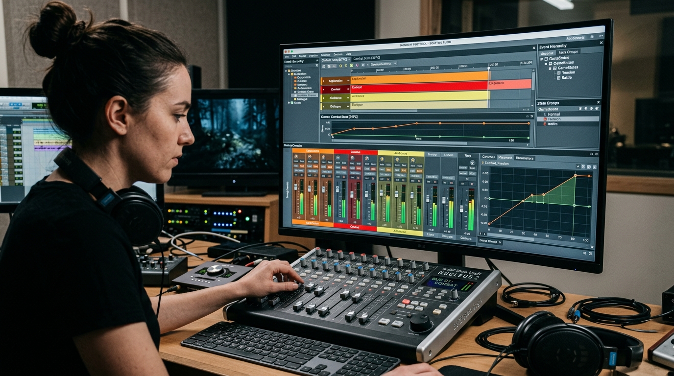 A close-up shot of a sound designer's workstation displaying an adaptive audio middleware interface on a large monitor, with mixing console faders, color-coded track lanes, and parameter curves visible.