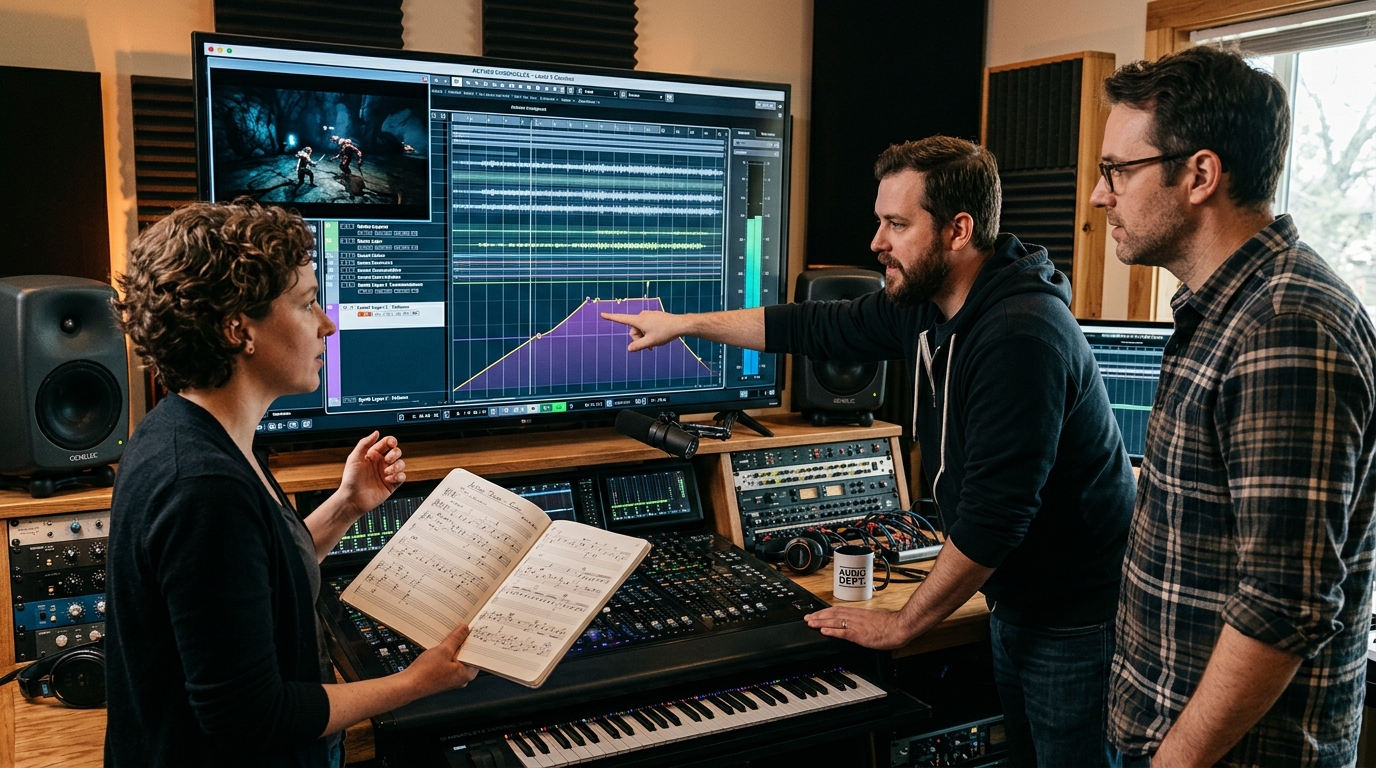 A collaborative game audio studio scene with three people gathered around a single screen — a composer holding a notebook with handwritten score notation, a sound designer pointing at a parameter curve