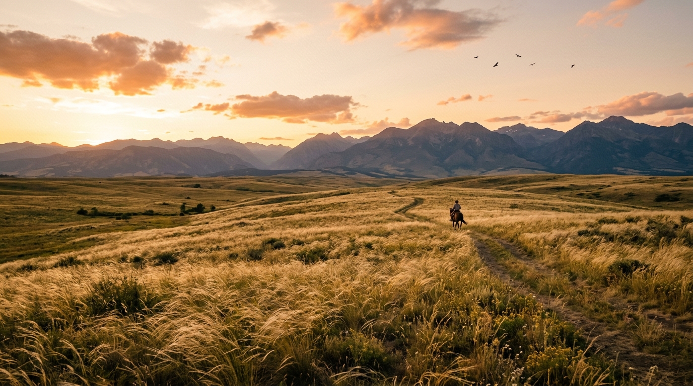 A wide cinematic landscape view of a vast open-world plain at golden hour, with a lone traveler on horseback in the distance, tall grass swaying in the wind, distant mountains, and a few birds in the sky.