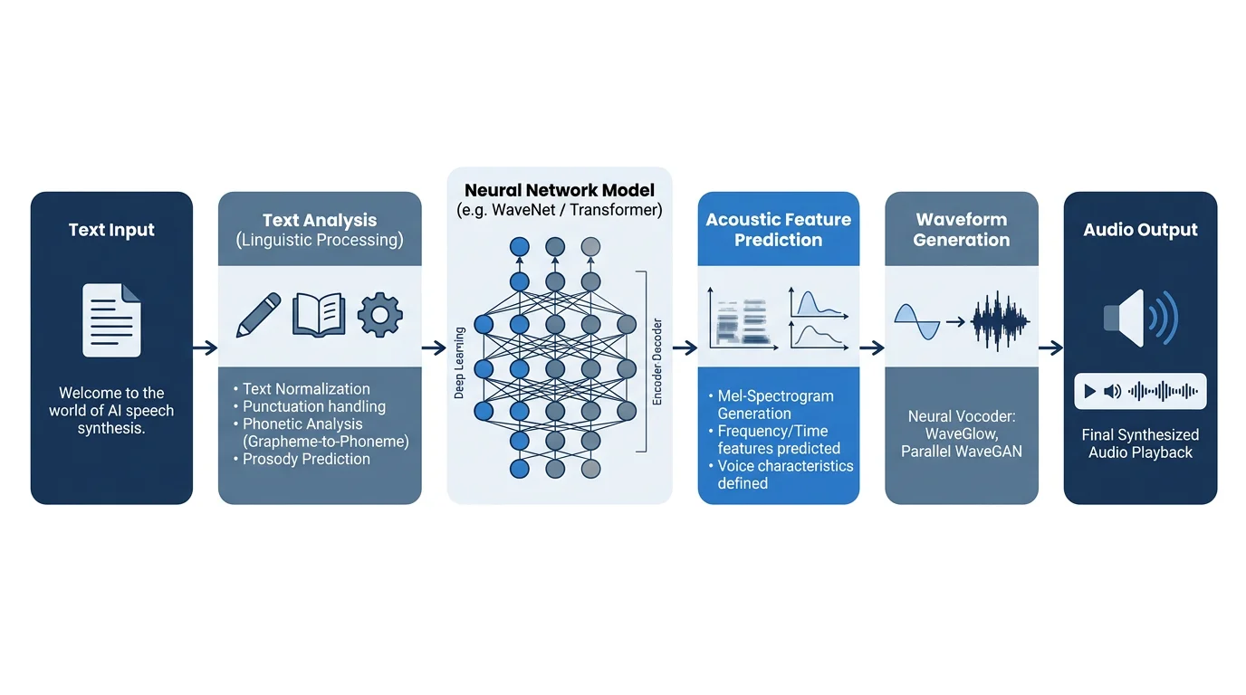 A clean technical diagram showing the AI TTS (Text-to-Speech) pipeline from text input to audio output. Steps labeled in English: Text Input → Text Analysis (Linguistic Processing) → Neural Network Model (e.g.