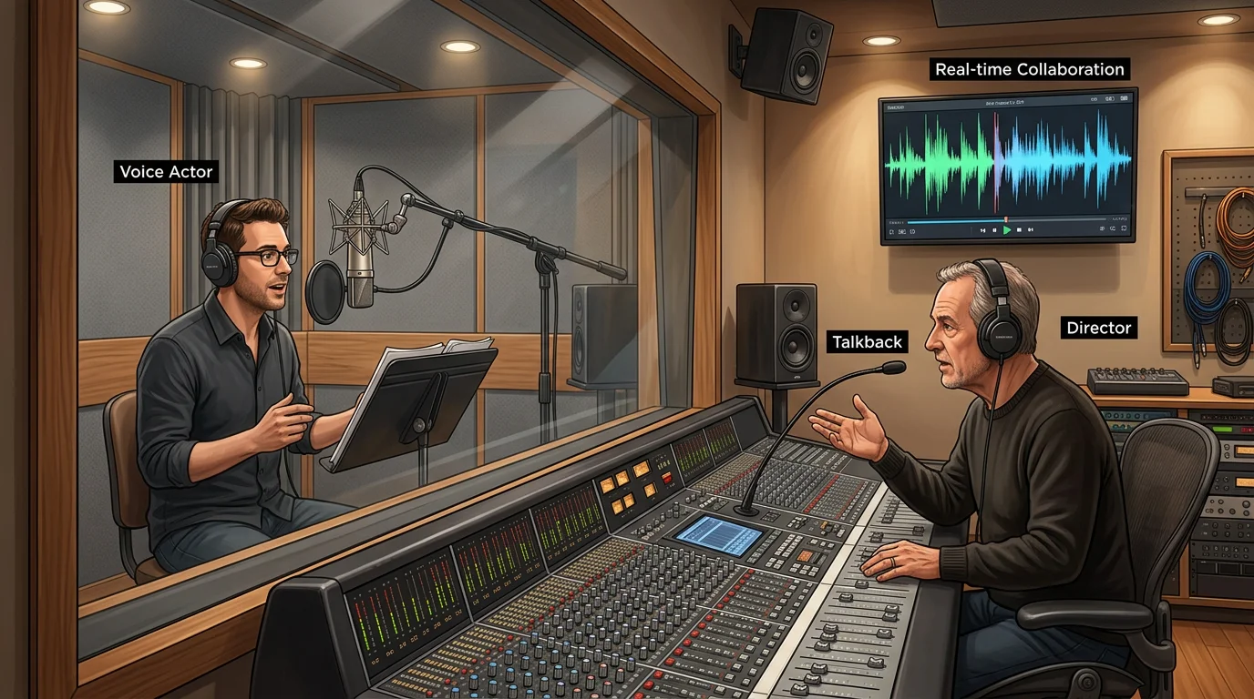 A professional audio recording studio scene. A voice actor sits behind a microphone in an isolated booth, visible through a large glass window.