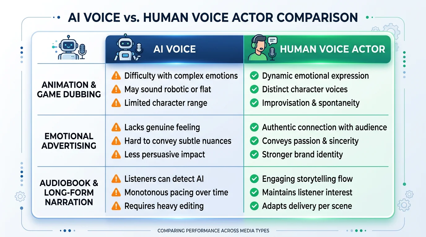 A side-by-side comparison table in clean infographic style. Left column header: AI Voice with a robot microphone icon. Right column header: Human Voice Actor with a person at a microphone icon.