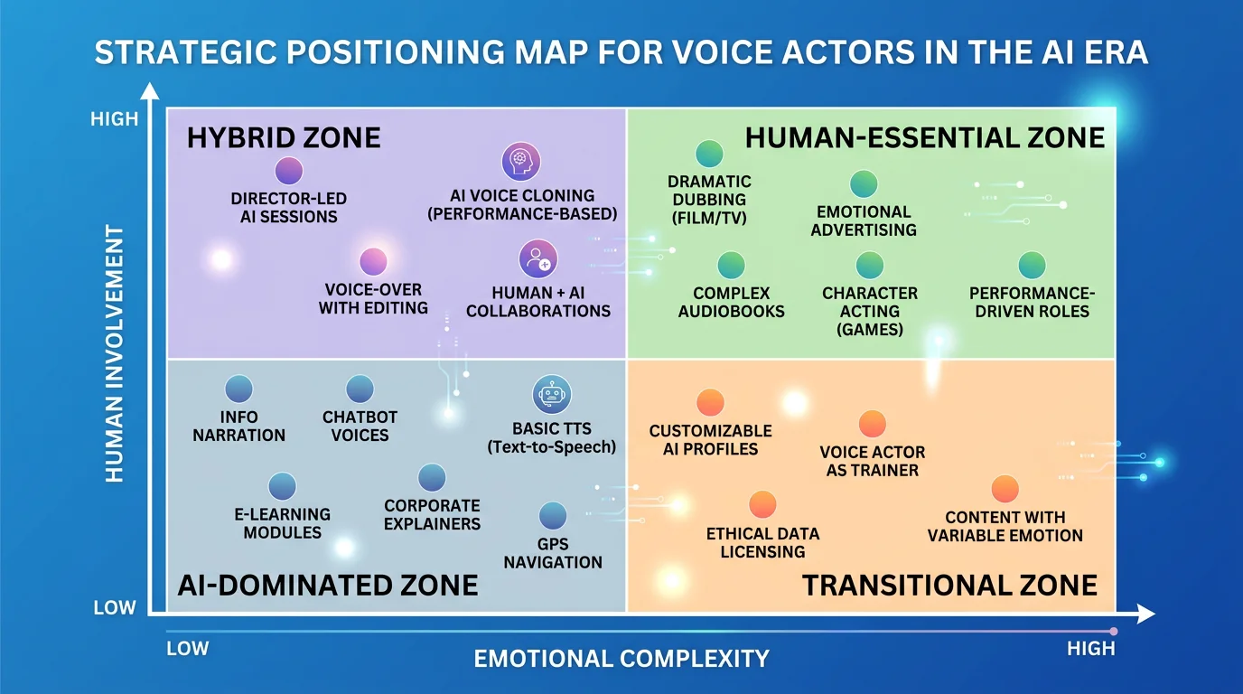 A strategic positioning map for voice actors in the AI era. X-axis labeled Emotional Complexity (Low to High) and Y-axis labeled Human Involvement (Low to High) in English.