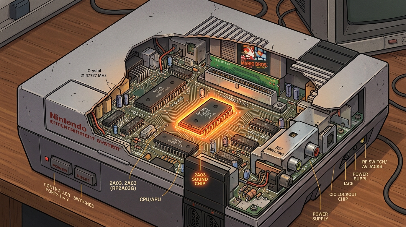 A detailed cutaway illustration of a vintage NES console motherboard, with the Ricoh 2A03 sound chip highlighted in warm orange light.