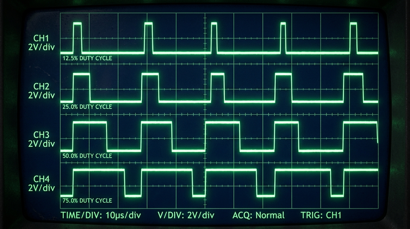 A close-up oscilloscope-style visualization showing four pulse waveforms with different duty cycles (12.5%, 25%, 50%, 75%) stacked vertically on a dark navy background.