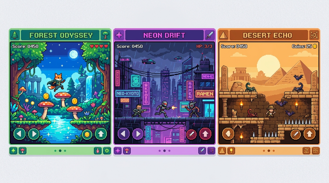 A flat, modern illustration of three side-scrolling indie game scenes lined up horizontally, each rendered in distinct pixel art styles.
