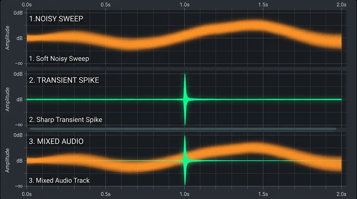 A clean horizontal waveform visualization showing three stacked audio layers in different colors — a soft noisy sweep on top, a sharp transient spike in the middle