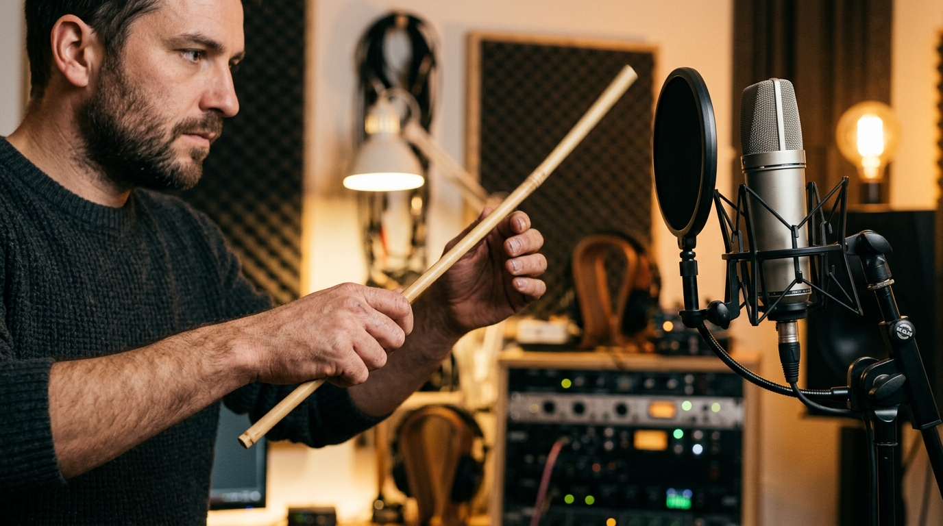A close-up shot of a sound designer's hands holding a thin bamboo stick mid-swing in a small home studio, a large diaphragm condenser microphone on a stand to the side, soft warm lighting