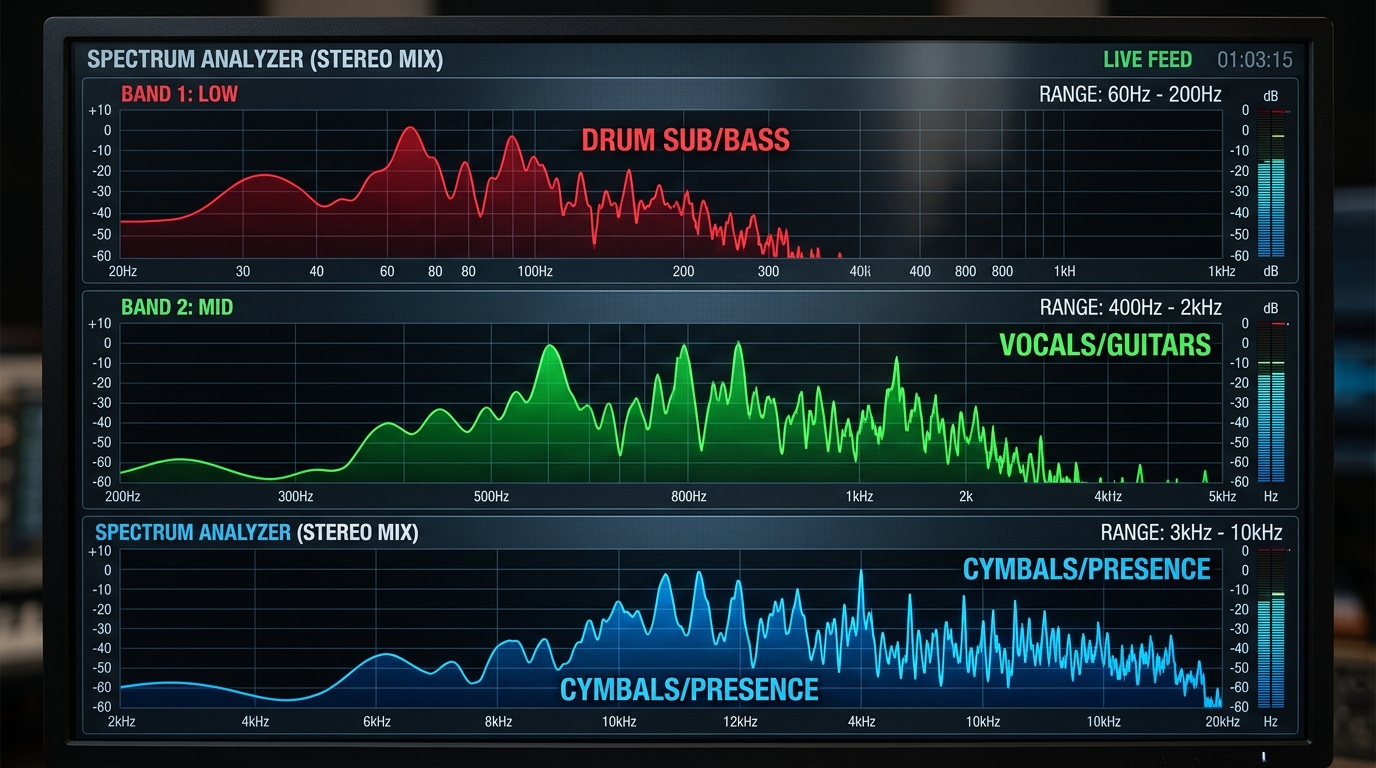 A split-screen spectrum analyzer display showing three colored frequency bands stacked vertically — a deep red low band around 60-200Hz, a green mid band around 400Hz-2kHz