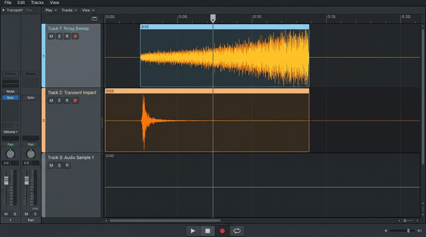 A DAW timeline view showing three audio tracks stacked vertically — top track labeled with a short noisy sweep waveform, middle track with a sharp transient impact waveform