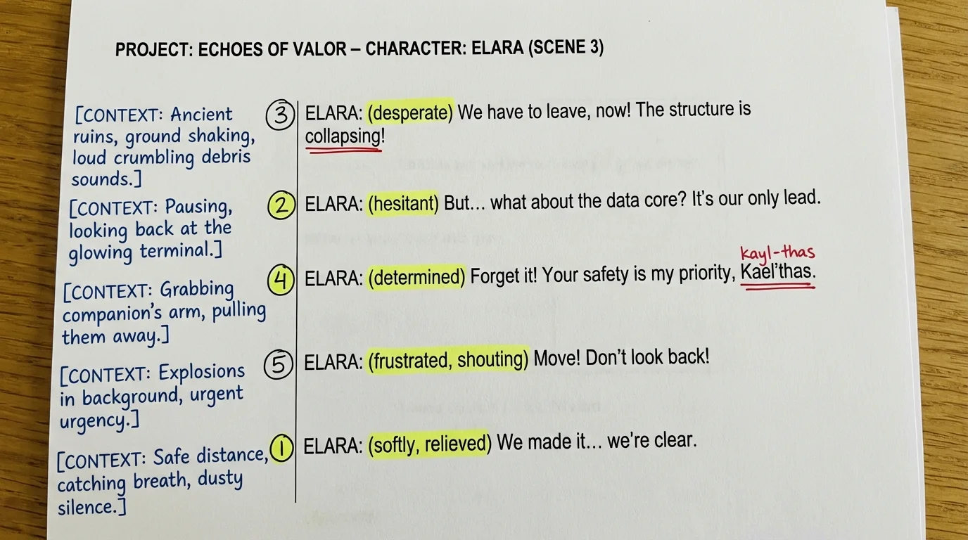 A sample game voice script with color-coded annotation marks — emotional cues highlighted in yellow, contextual notes in blue margin, pronunciation guides underlined in red