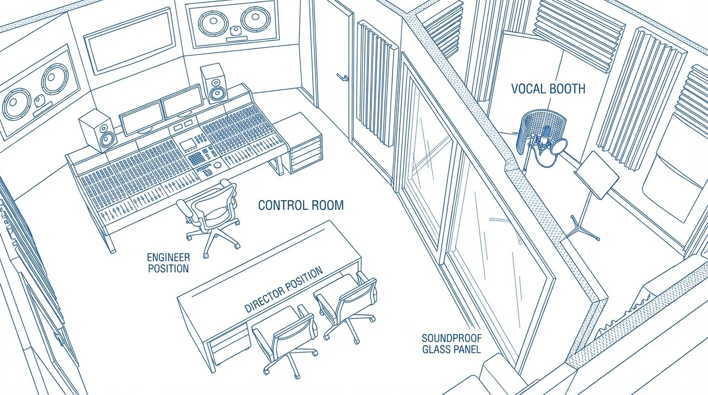 A professional recording studio layout diagram showing the control room with a mixing console and director's workstation on one side, and the isolated vocal booth with a condenser microphone and music stand on the other