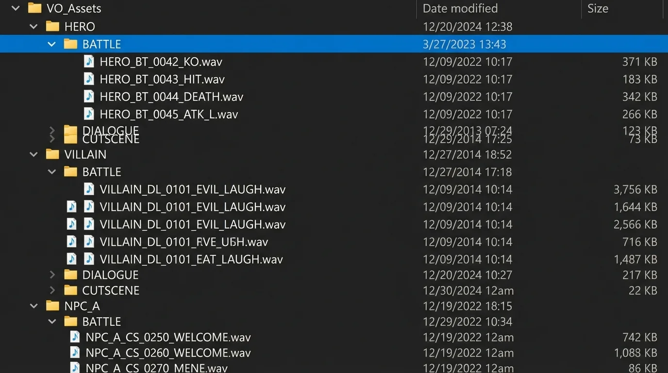 A clean folder structure diagram showing organized audio asset folders for a game project. Top-level folder labeled VO_Assets, with subfolders for each character (HERO, VILLAIN, NPC_A)