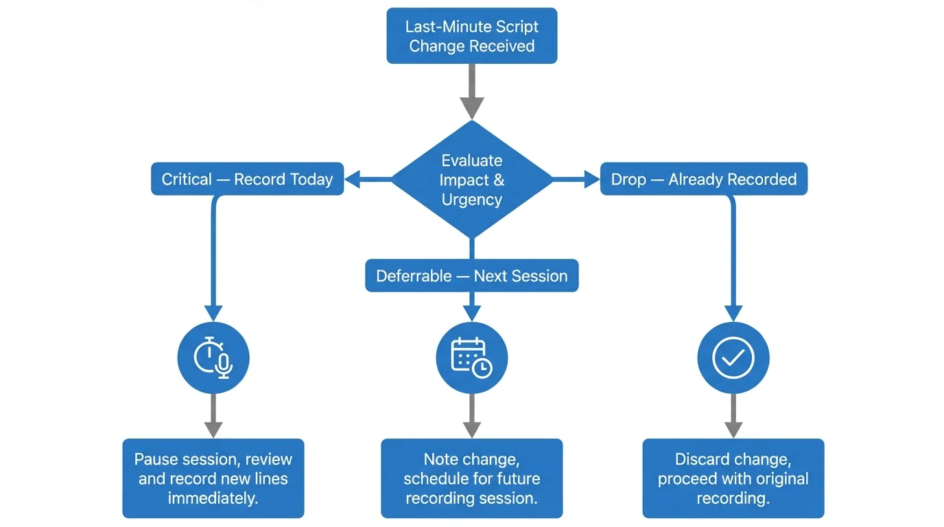A clean workflow decision tree diagram for handling last-minute script changes during a voice recording session. Three branches labeled Critical — Record Today, Deferrable — Next Session, and Drop — Already Recorded.