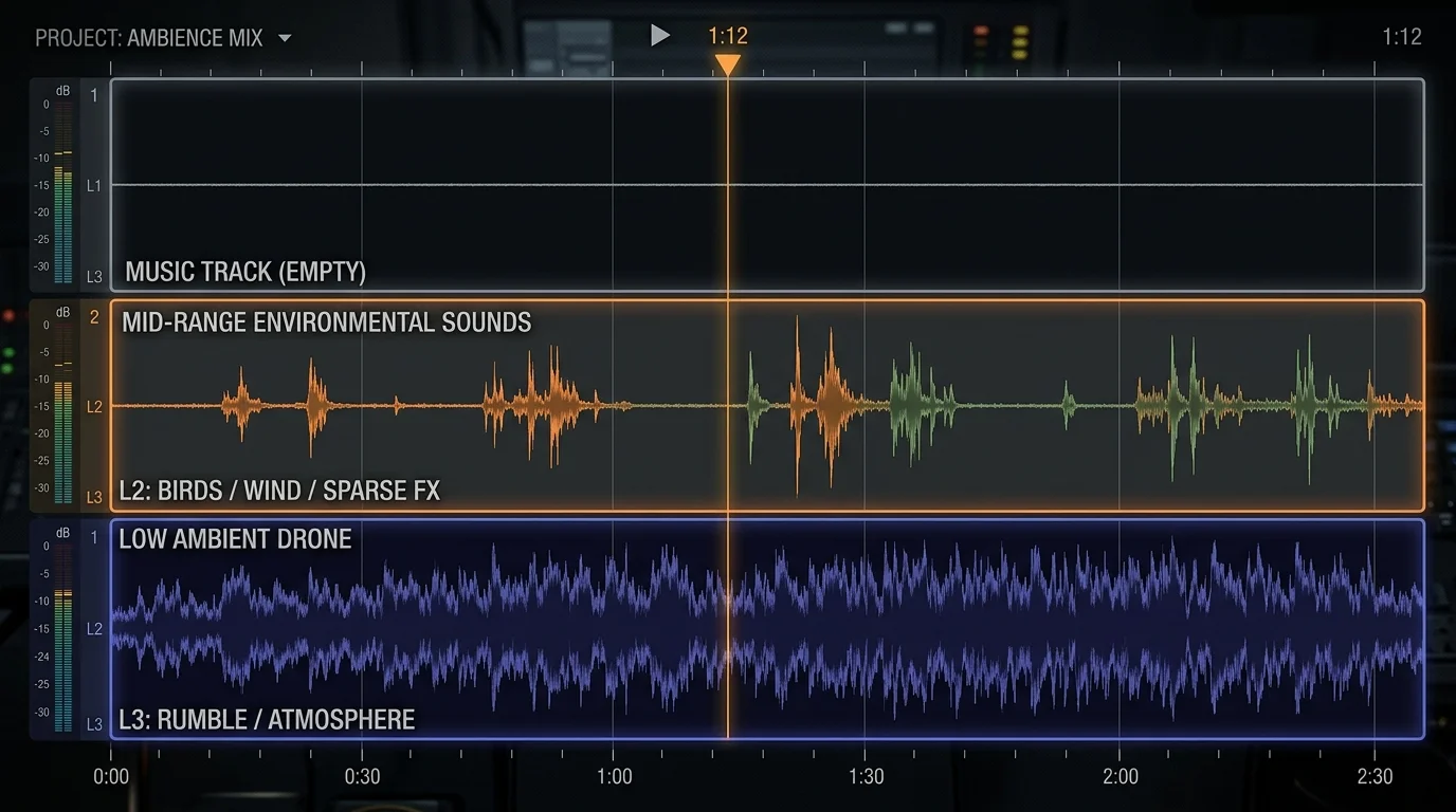 Audio waveform visualization showing three stacked layers — a low rumbling ambient drone at the bottom, sparse mid-range environmental sounds in the middle, and an empty top layer where music would be.