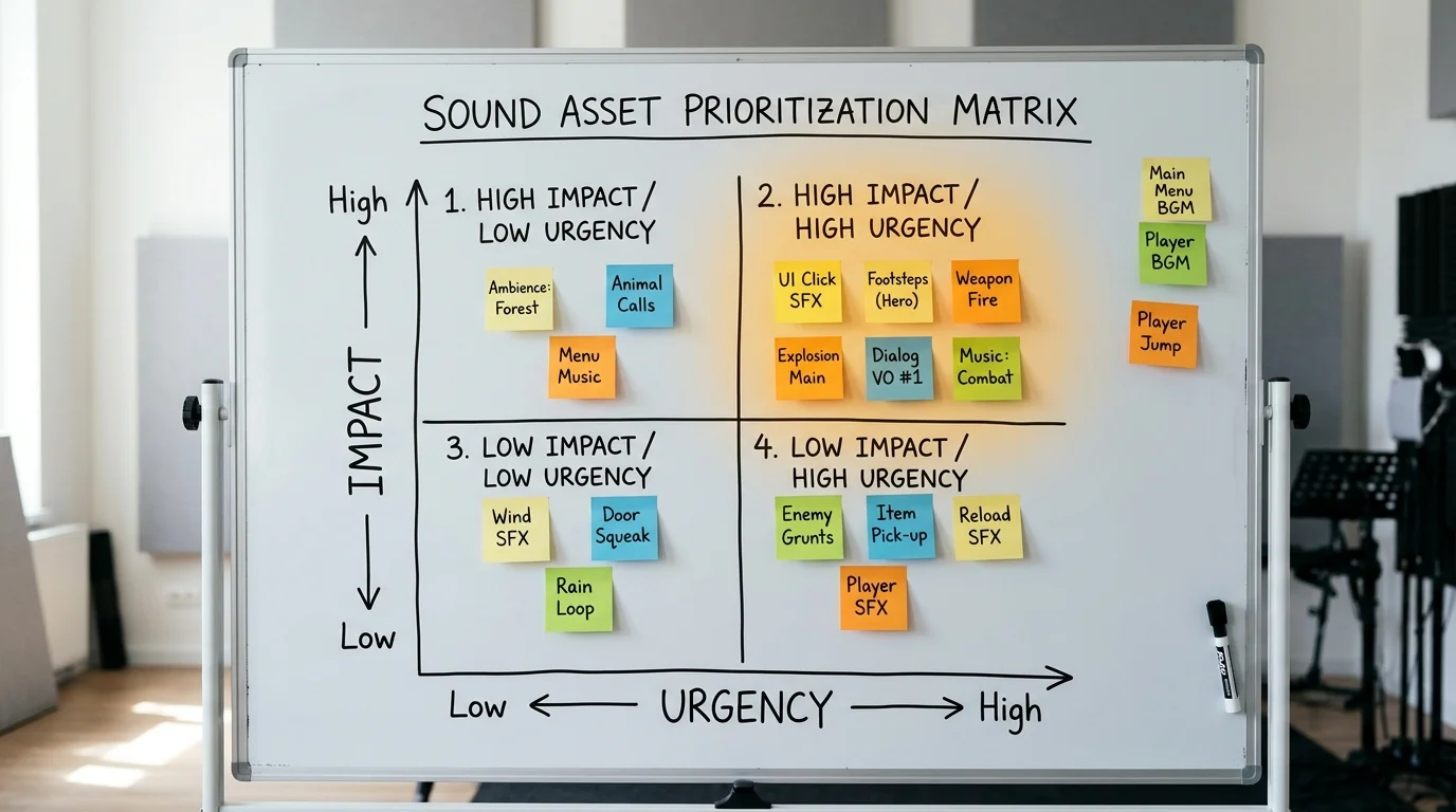 A clean two-axis priority matrix drawn on a whiteboard with sound asset sticky notes placed across four quadrants, soft studio lighting, top-right quadrant highlighted with warm color