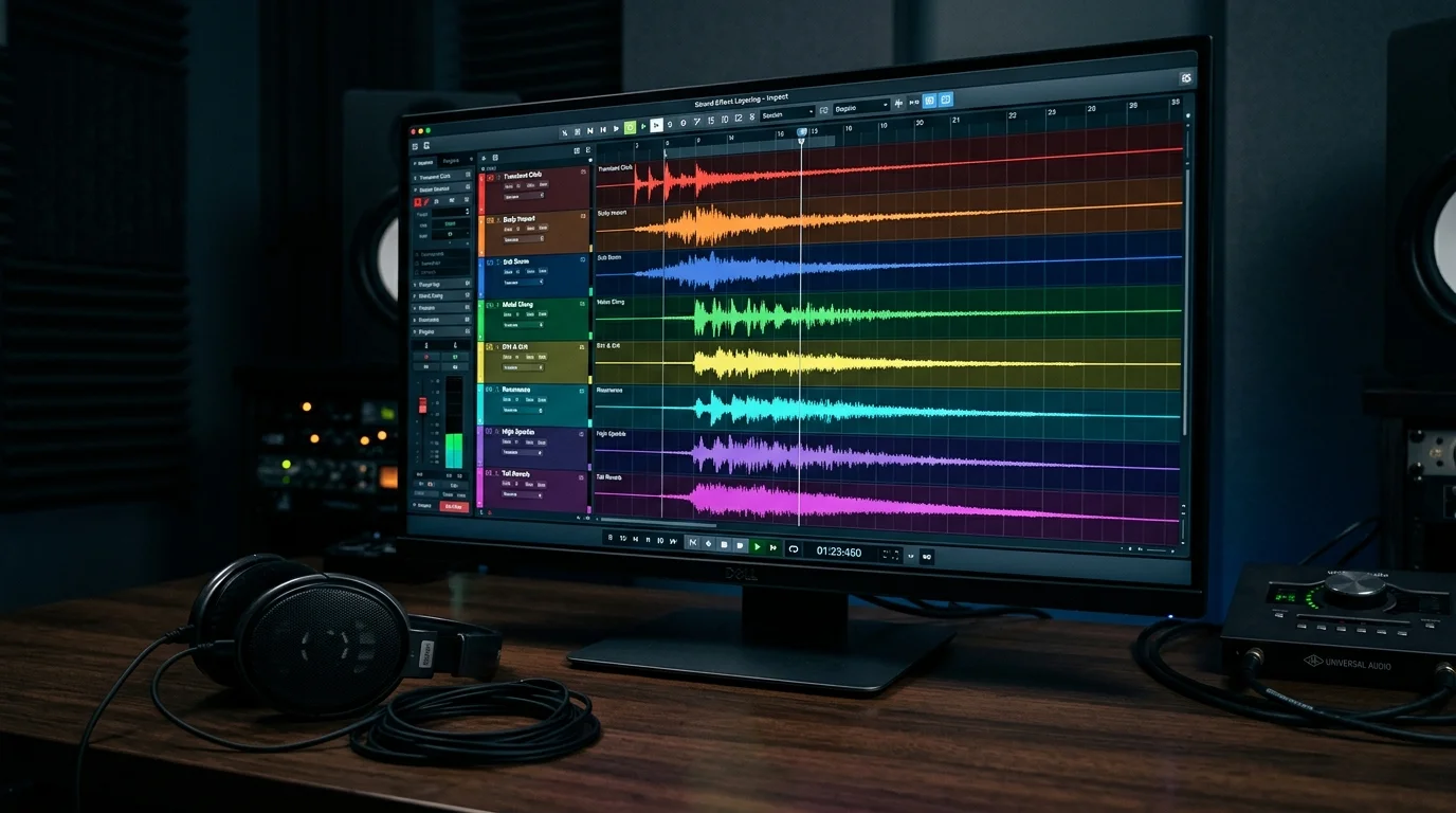 A digital audio workstation screen showing multiple stacked waveform layers in different colors representing a single layered sound effect, dark studio interface, headphones resting on the desk beside the monitor