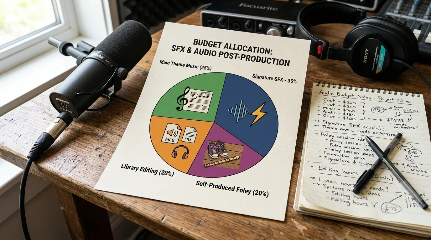 A pie chart illustration printed on paper showing budget allocation across signature SFX, main theme music, library editing, and self-produced foley, surrounded by a microphone, notepad with handwritten notes