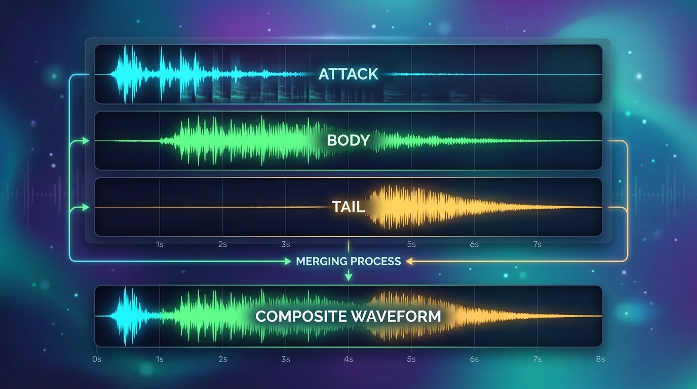 A layered diagram visualization showing three horizontal waveform tracks stacked vertically labeled conceptually as attack, body, and tail, merging into a single composite waveform below, soft gradient background