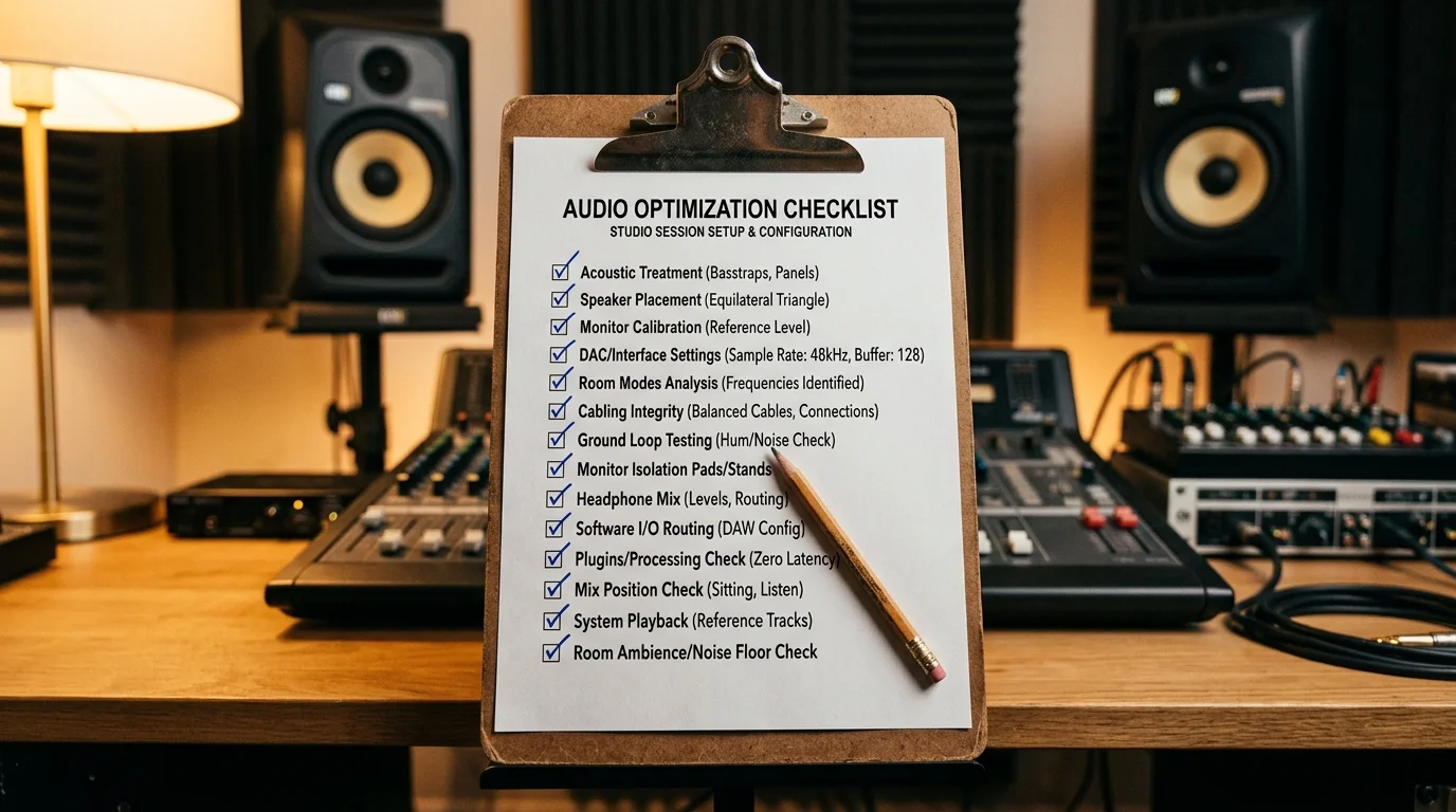 A printed checklist on a clipboard showing audio optimization items with handwritten checkmarks, a pencil resting on top, studio monitor speakers blurred in background, soft warm desk lamp lighting