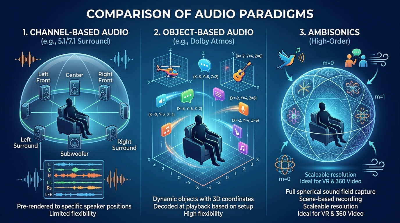A clean conceptual diagram comparing three audio paradigms side by side, showing channel-based speakers arranged around a listener, floating object icons with 3D coordinates representing object-based audio