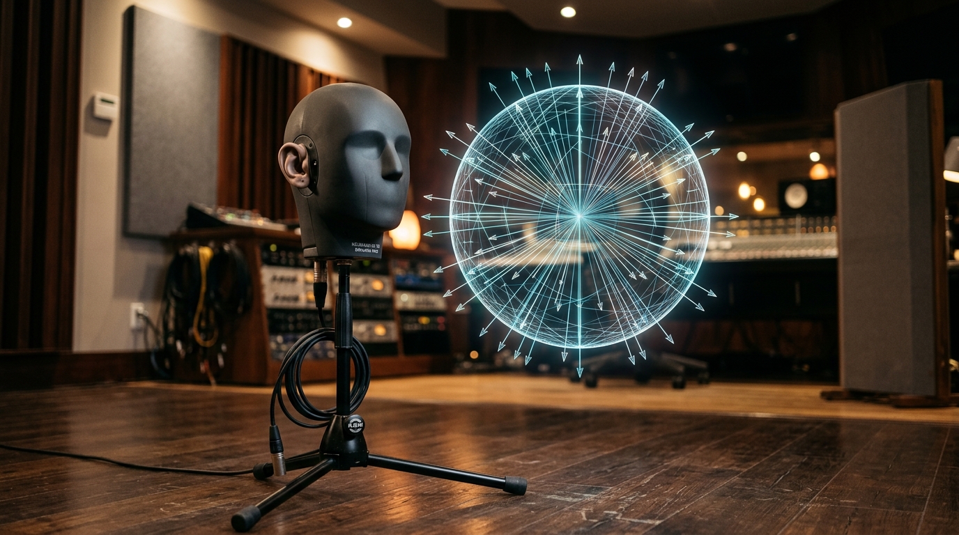 A photorealistic studio scene showing a dummy head binaural microphone on a stand in the foreground, with a transparent sphere of arrows pointing in all directions hovering behind it to represent ambisonics