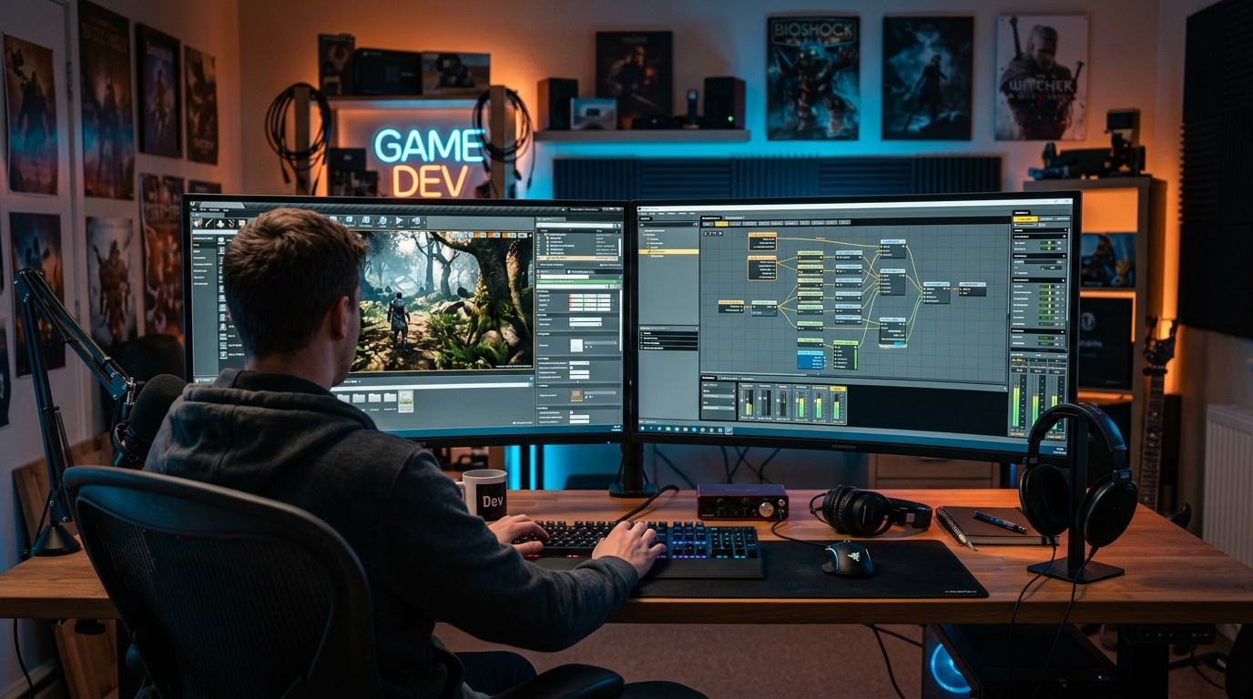 A game developer workstation viewed from behind, dual monitors showing a 3D game scene on the left and an audio middleware node graph on the right, studio headphones on the desk, ambient blue and orange lighting