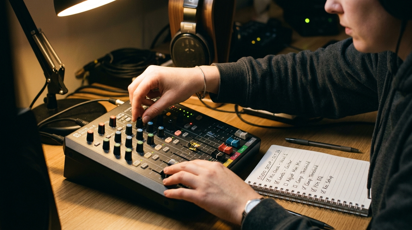A close-up of a sound engineer's hands adjusting a small mixing surface with rotary knobs and faders, soft warm desk lamp light, an open notebook with handwritten checklist marks visible beside the controller